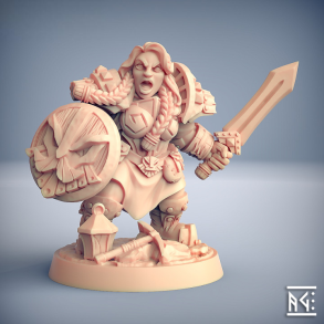 Dwarven Defender - C (Lady) | Modular Female Warrior Miniature - 32mm Resin