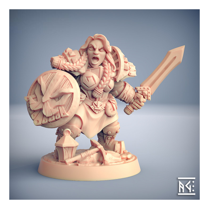Dwarven Defender  C (Lady) | Modular Female Warrior Miniature  32mm Resin