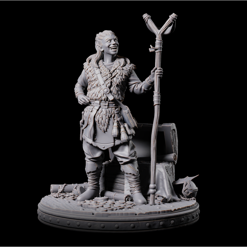 Heslin  3D Printed Fantasy Miniature | Halfling Druid with Treasure Chest