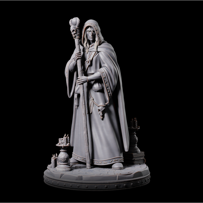 Disguised Wizard  3D Printed Miniature Sorcerer in Robes with Staff and Spellbooks