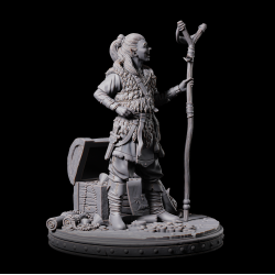 Heslin - 3D Printed Fantasy Miniature | Halfling Druid with Treasure Chest