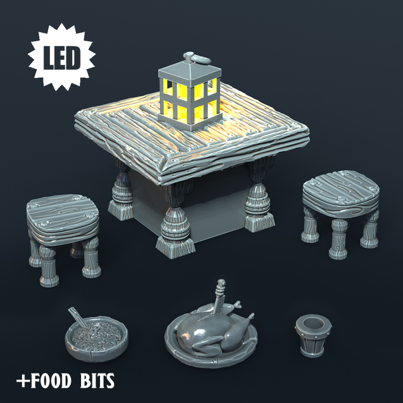 Square Table and Stools  LED Resin Terrain for 32mm Tabletop RPGs (Includes Food Accessories!)
