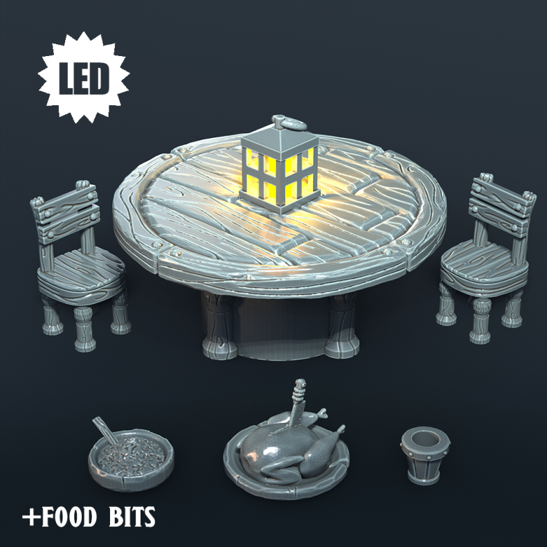 Round Table and Chairs  LED Resin Furniture for 32mm Tabletop RPGs (Includes Food Bits!)