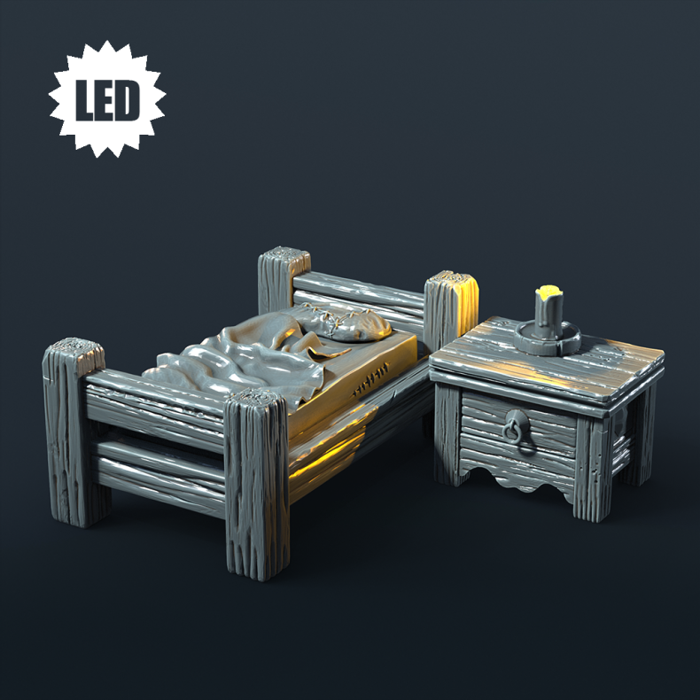 Bed and Nightstand  LED Furniture for Tabletop RPGs (32mm Scale)