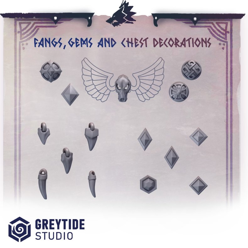 Fangs, Gems &amp; Chest Decorations  102 Detailed Bits for Grimdark Wargames