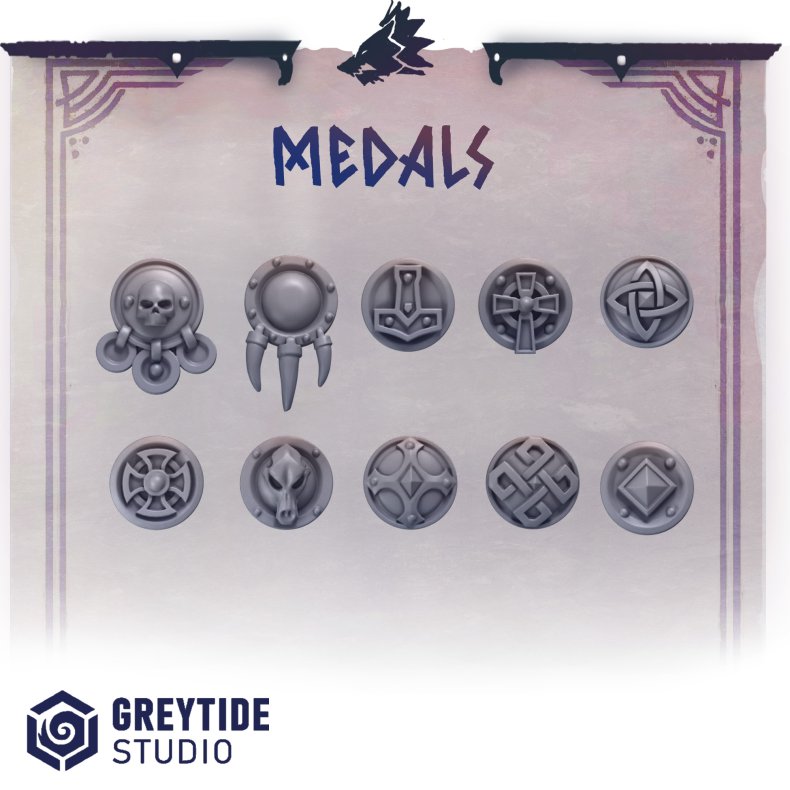 Medals  40 Grimdark Decoration Bits for Miniatures (Set of 10 Designs, 4 of Each)