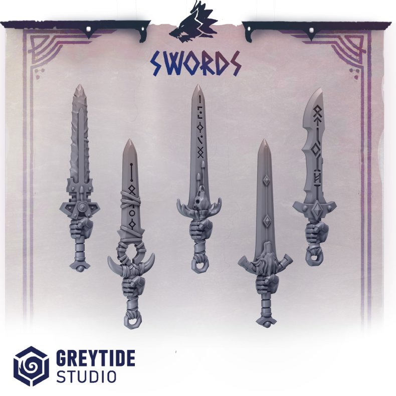 Swords  Resin Fantasy Sword Bit Set (x5) for Grimdark Miniatures and Tabletop RPGs